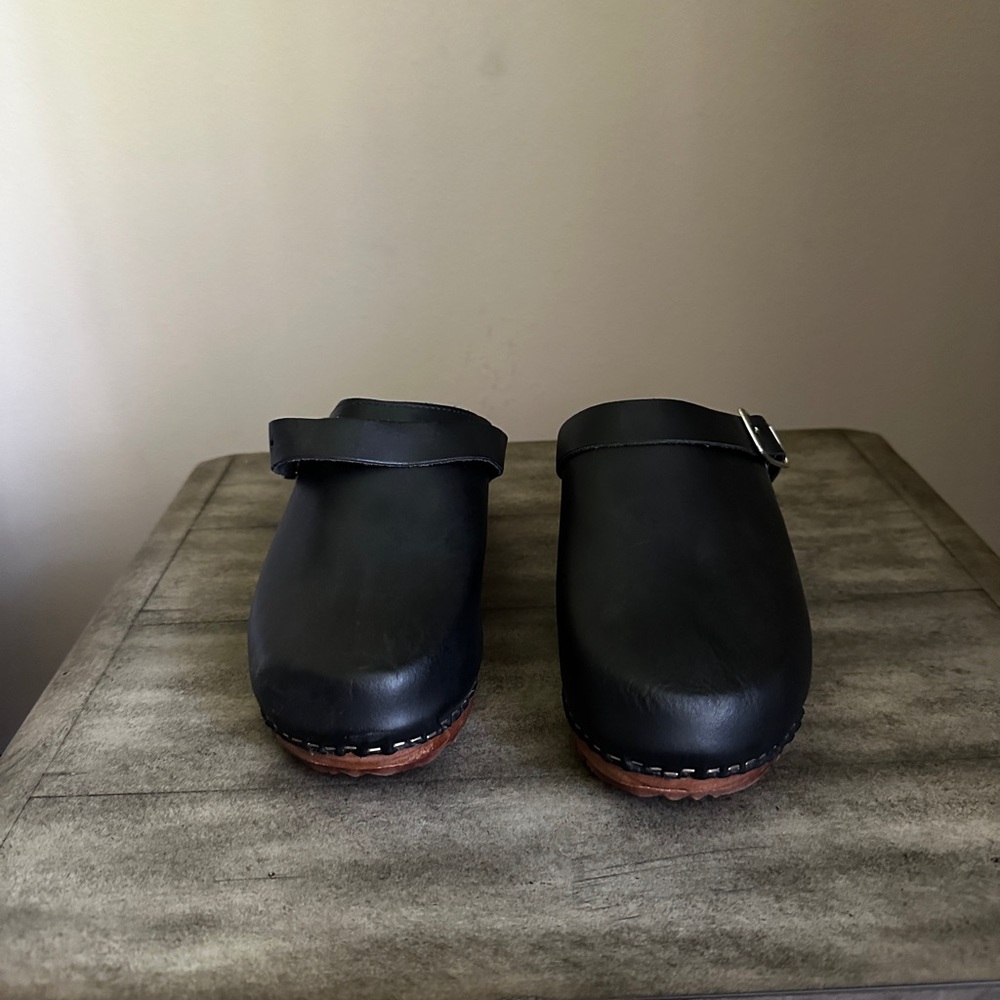 Anthropologie Black Leather Clog Mules